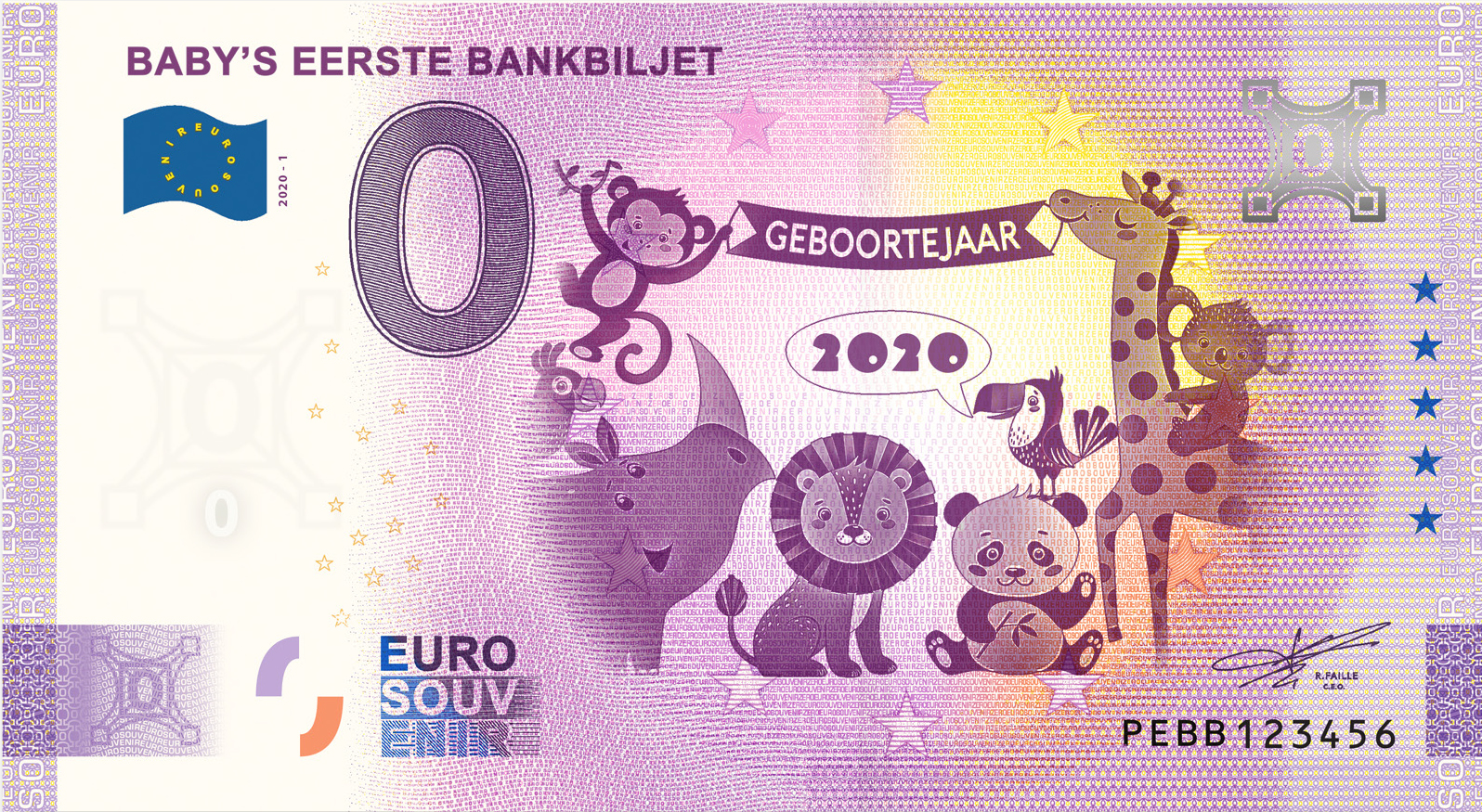 0 Euro souvenir note Nederland 2020 - Baby's eerste bankbiljet in cadeausleeve jongen