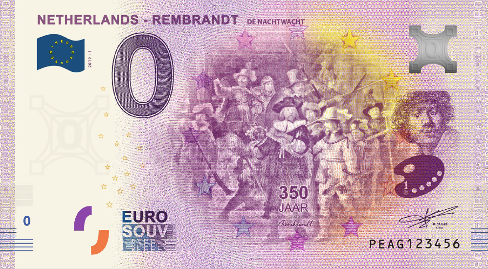0 Euro souvenir note Nederland 2019 - Rembrandt De Nachtwacht