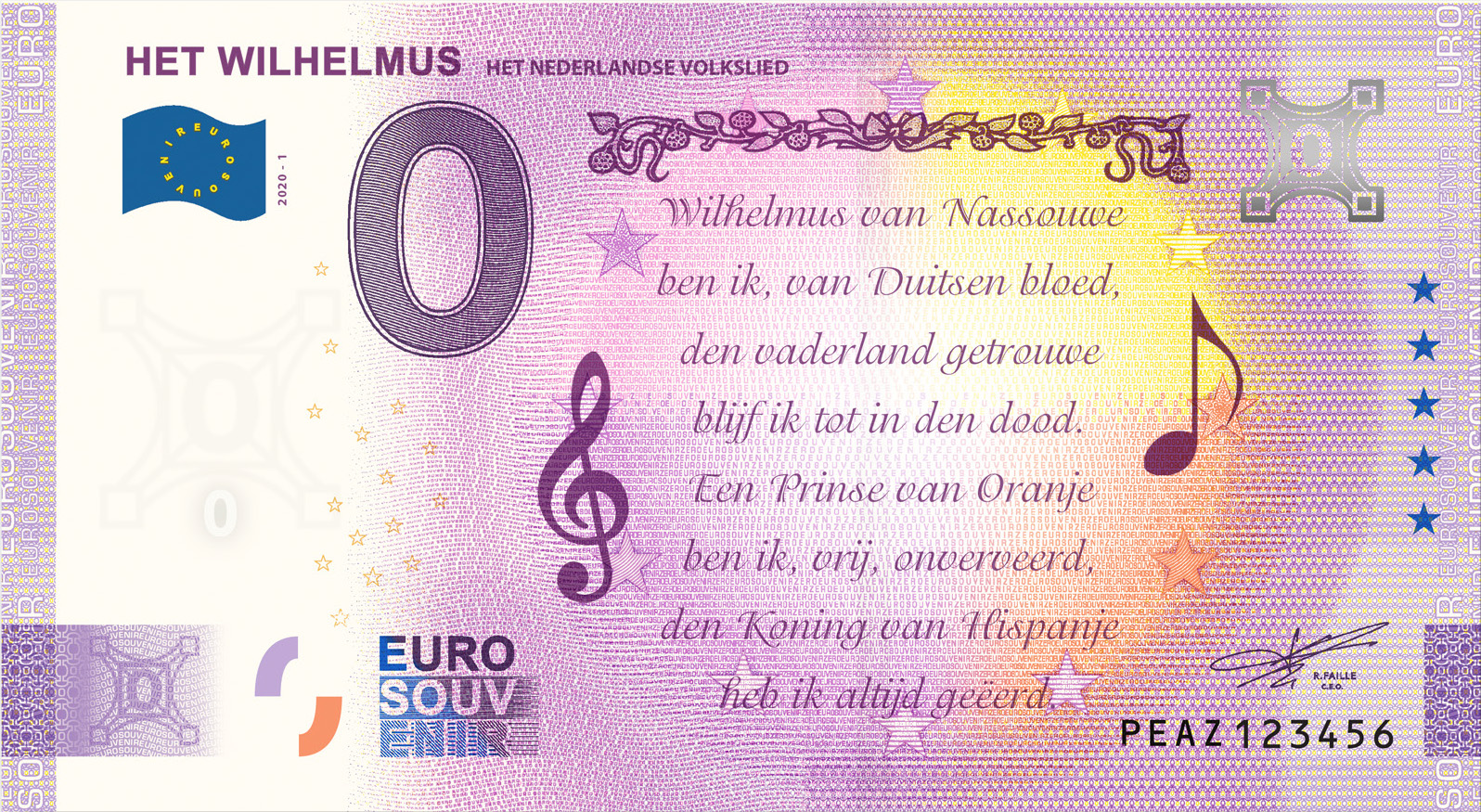 0 Euro souvenir note Nederland 2020 - Het Wilhelmus