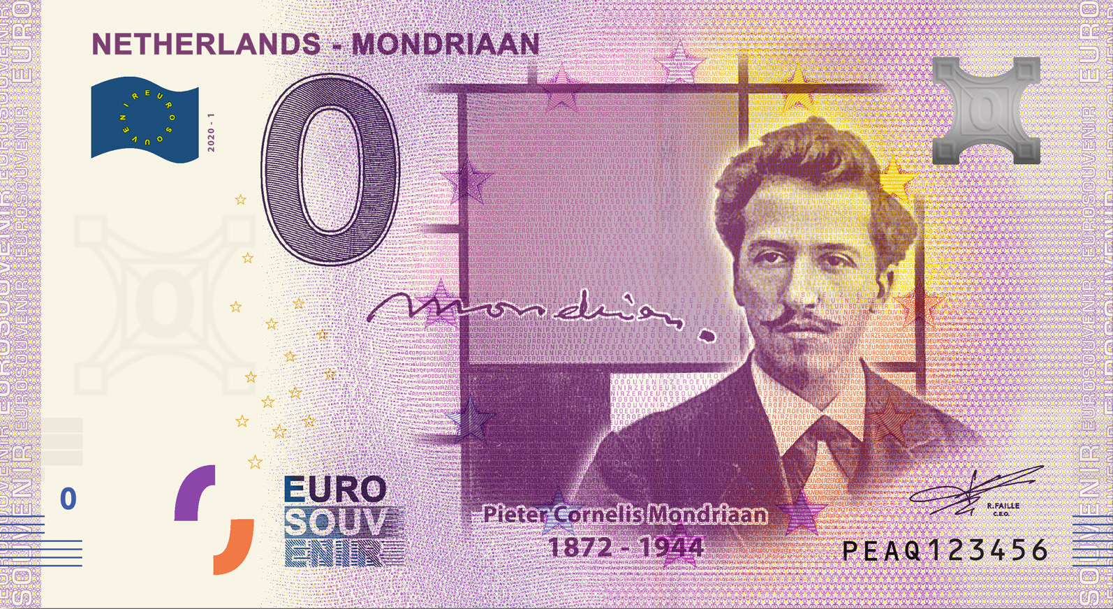 0 Euro souvenir note Nederland 2020 - Piet Mondriaan