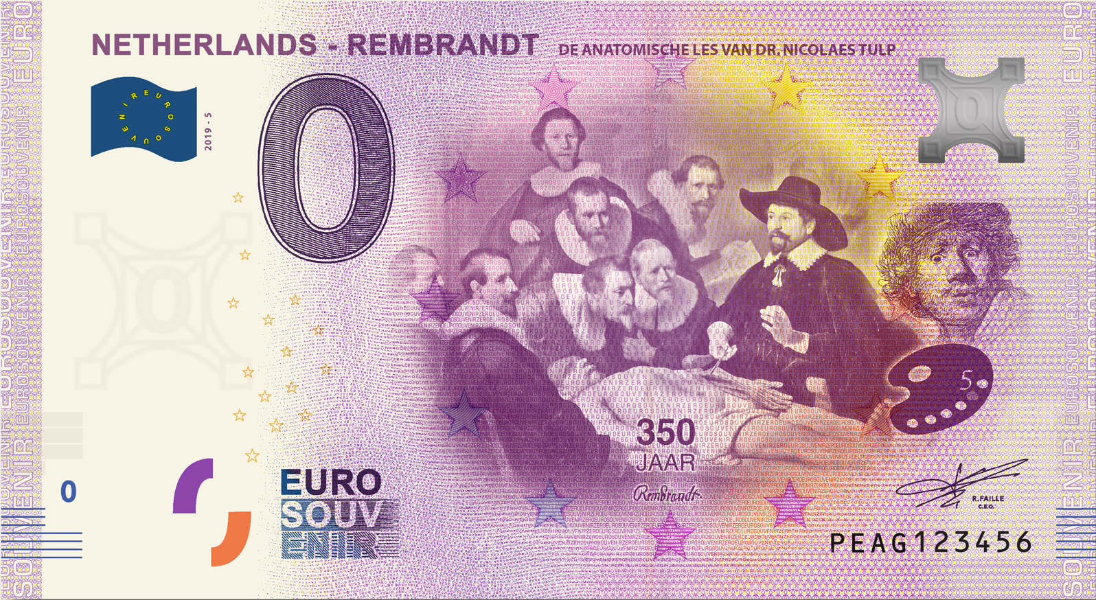 0 Euro souvenir note Nederland 2019 - Rembrandt De anatomische les