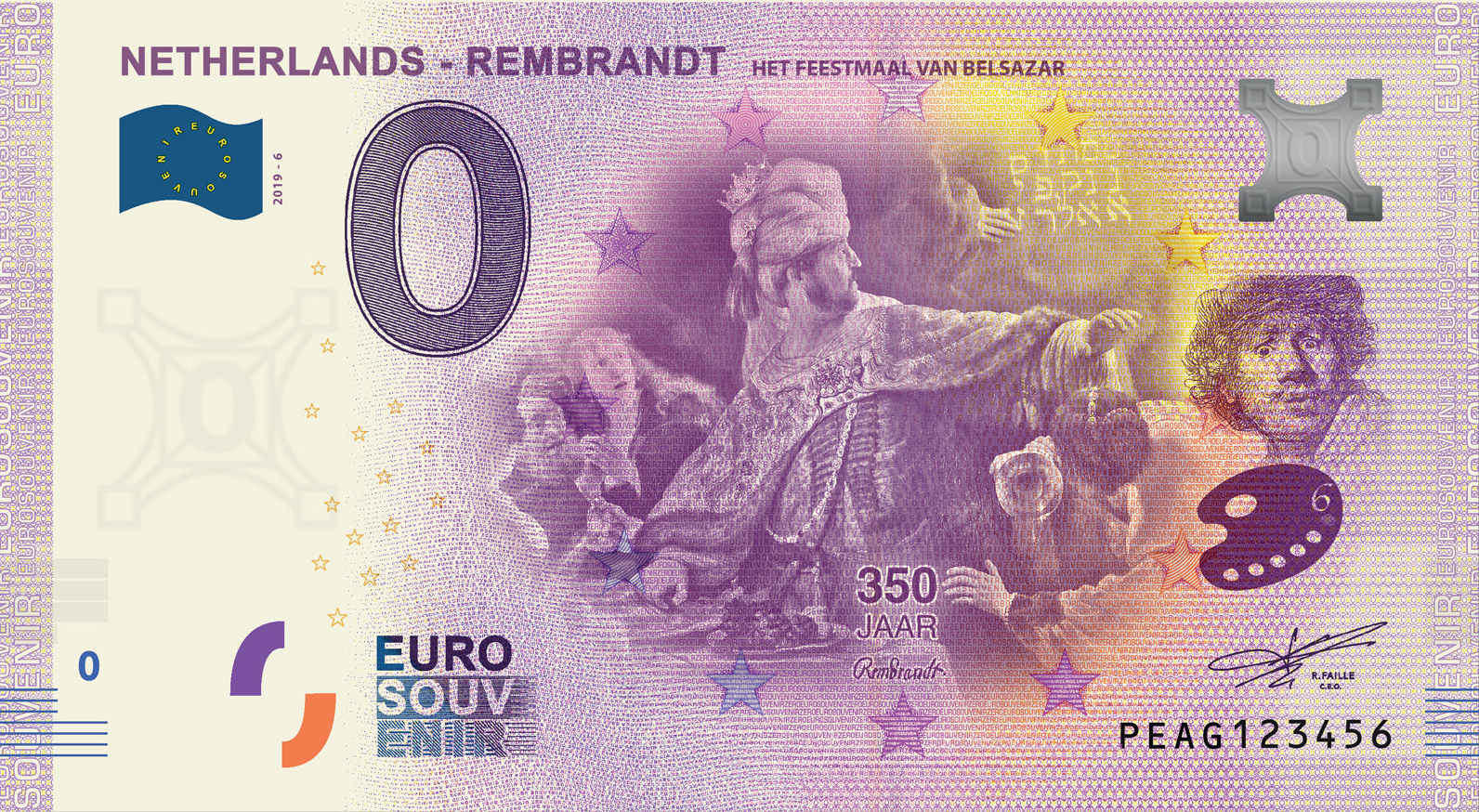 0 Euro souvenir note Nederland 2019 - Rembrandt Feestmaal van Belsazar