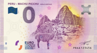 0 Euro souvenir note Peru 2019 - Machu Picchu